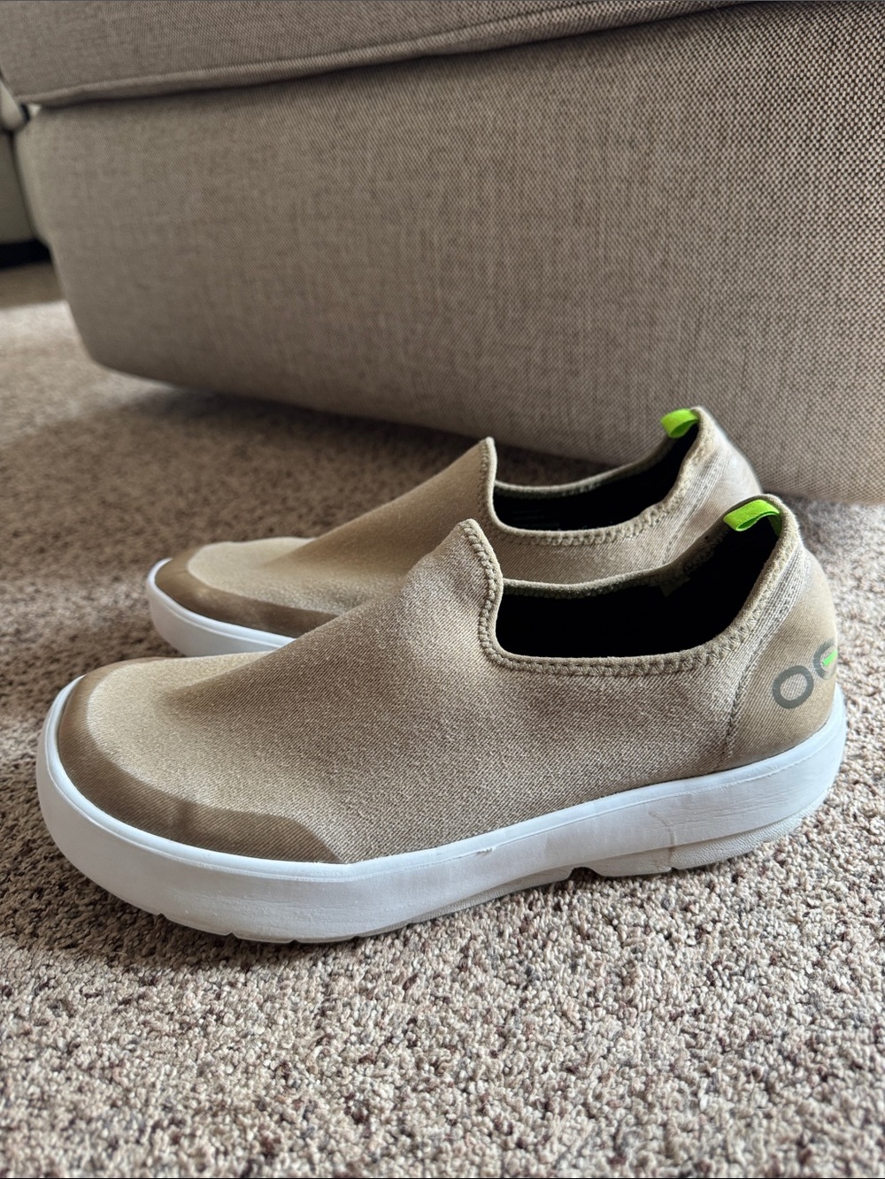 OOFOS Slip-On Sneakers in Tan with White Soles and Neon Green Accents